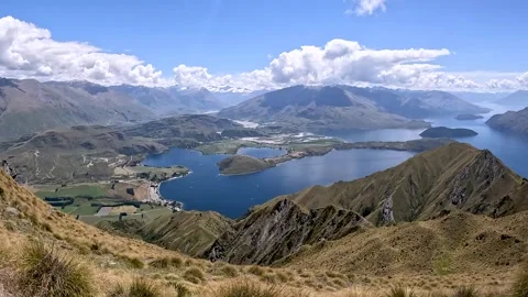 Roys Peak Summit Views : Rugged Mountain Landscape, Scenic Wanaka Lake and .. Stock Footage 295011789