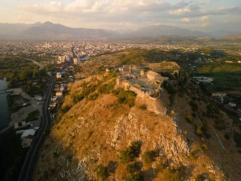 Rozafa Castle and Shkoder City at Golden Hour Stock Photos