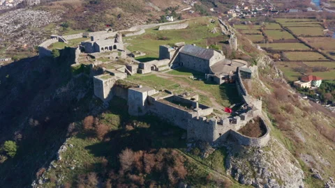 Rozafa or Shkoder castle is a hilltop archaeological park near Shkodra in Stock Footage 233392953