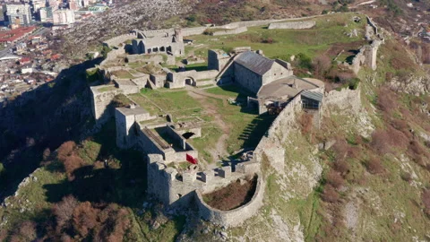 Rozafa or Shkoder castle is a hilltop archaeological park near Shkodra in Stock Footage 233398209