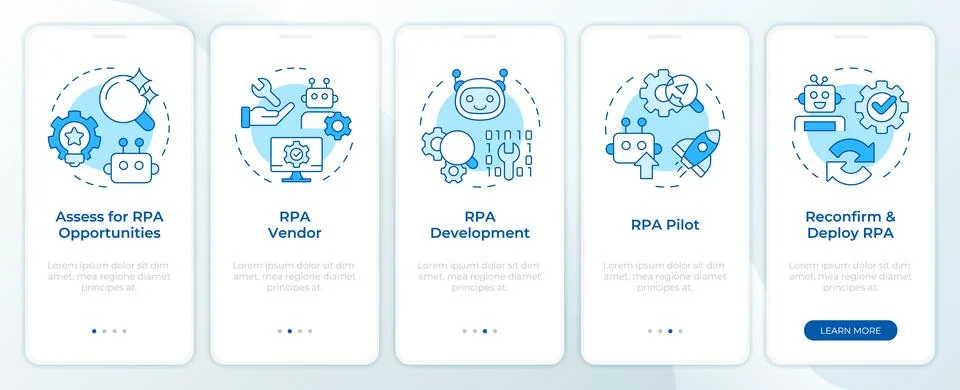 RPA implementation blue onboarding mobile app screen Illustrazione stock