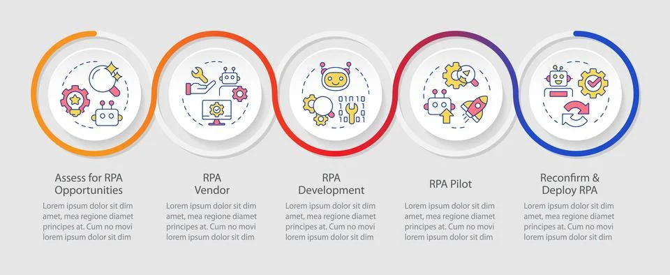 RPA implementation infographics circles sequence Stock Illustration