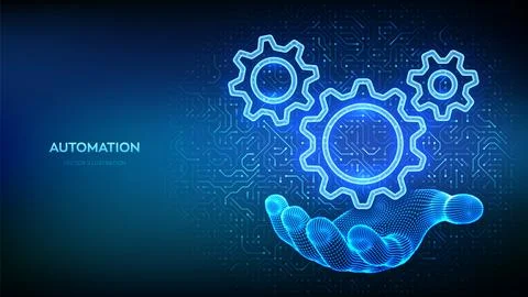 RPA. Robotic Process Automation software. Gears icons in hand on circuit boar Stock Illustration