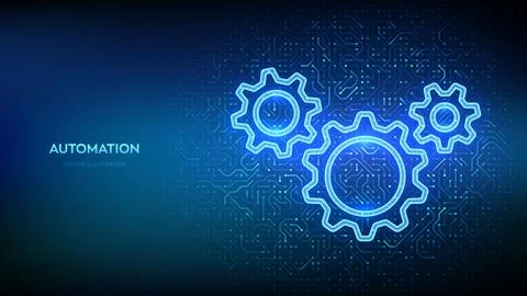 RPA. Robotic Process Automation software. Gears icons on circuit board patt.. Stock Illustration