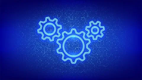RPA, Robotic Process Automation software. Glowing gear icons on circuit boa.. Stockillustratie