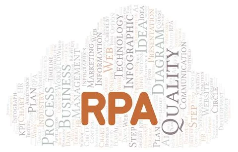 RPA typography word cloud create with the text only. Illustrazione stock