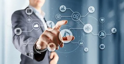 RPA Universal Technology Background for your business. 3D icons on virtual .. Stock Photos