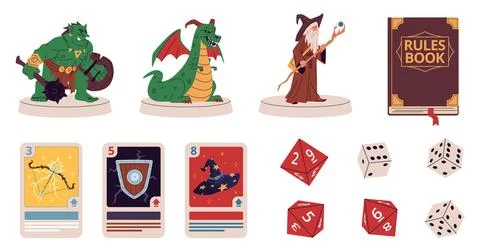 Rpg board game elements. Polygonal dices, cards template, wizard, dragon and orc Stock Illustration