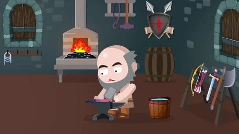 RPG Character Blacksmith Forging a SWORD with a hammer Stock Footage 147712506