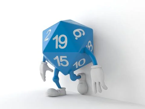 RPG dice character leaning on wall on white background Stockillustratie