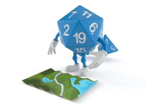 RPG dice character looking at map Stock Illustration