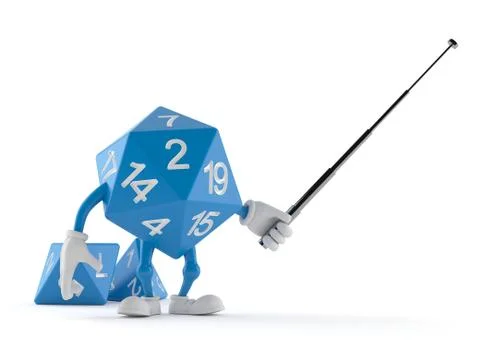 RPG dice character with pointer stick Illustrazione stock
