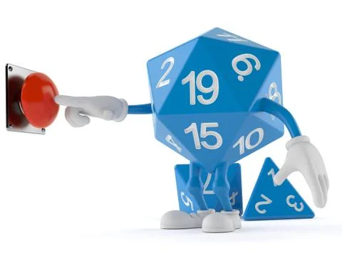 RPG dice character pushing button on white background Stockillustratie