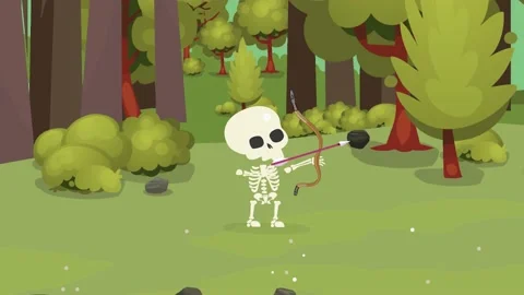 RPG Dungeon Archer Skeleton with bow shoots arrows in the forest Stock Footage 153594197
