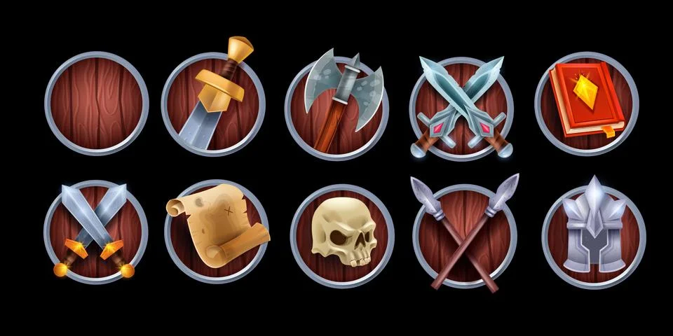 RPG game icon, vector UI circle wooden button set, fantasy medieval weapon Stock Illustration