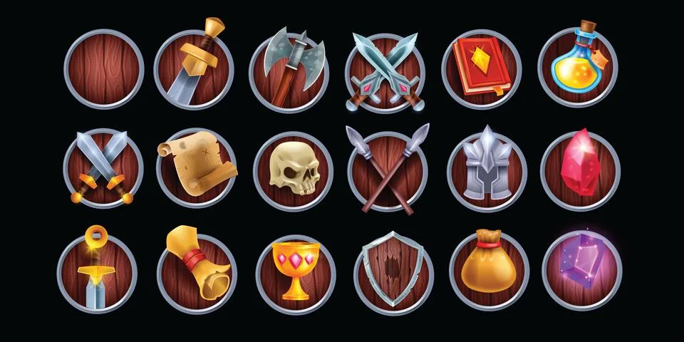 RPG game icon, vector UI circle wooden button set, warrior helmet, skull Stock Illustration
