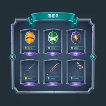 Rpg game shop menu panel with medieval weapon. Stock Illustration