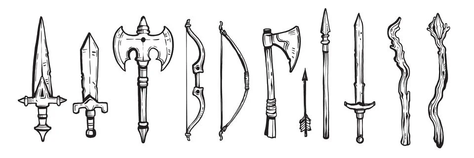 RPG weapon icon set, vector fantasy game sword collection, dungeon dragon Stock Illustration