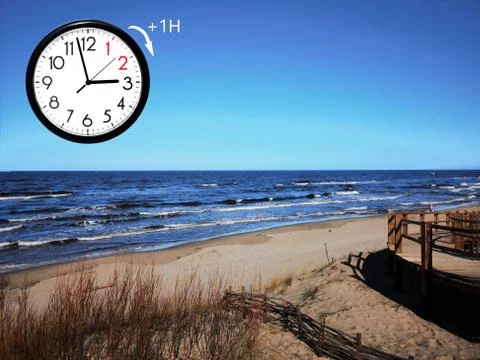 Rrem Daylight Saving Time (DST). Blue sky with white clouds and clock. Turn t Stock Photos