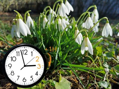 Rrem Daylight Saving Time (DST). Blue sky with white clouds and clock. Turn t Stock Photos