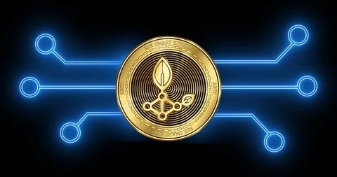 RSK Smart Bitcoin (RBTC) cryptocurrency coin with glowing blockchain transaction Stock Footage 102679540