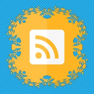 RSS feed . Floral flat design on a blue abstract background with place for your Stock Illustration