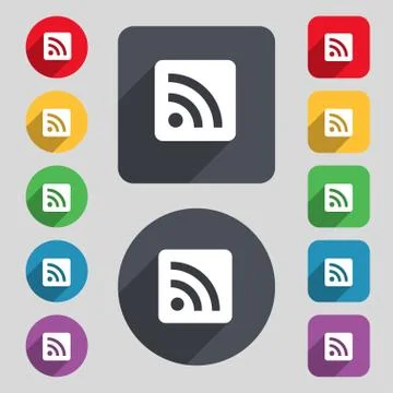 RSS feed icon sign. A set of 12 colored buttons and a long shadow. Flat desig Stock Illustration