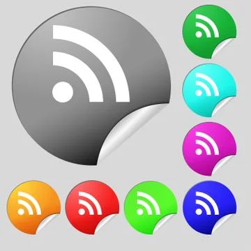 RSS feed  icon sign. Set of eight multi-colored round buttons, stickers. Vect Stock Illustration