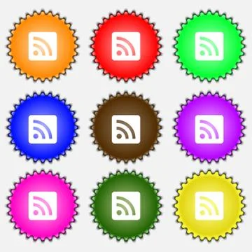 RSS feed  icon sign. A set of nine different colored labels. Vector Stock Illustration