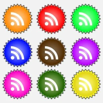 RSS feed  icon sign. A set of nine different colored labels. Vector Stock Illustration