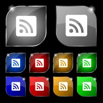 RSS feed icon sign. Set of ten colorful buttons with glare. Stock Illustration