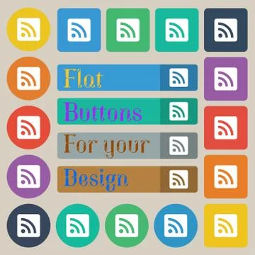 RSS feed icon sign. Set of twenty colored flat, round, square and rectangular bu Stock Illustration