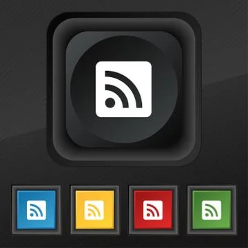 RSS feed icon symbol. Set of five colorful, stylish buttons on black texture for Stock Illustration