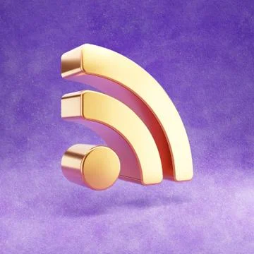 RSS icon. Gold glossy RSS symbol isolated on violet velvet background. Stock Illustration
