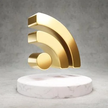 RSS icon. Shiny golden RSS symbol on white marble podium. Stock Illustration