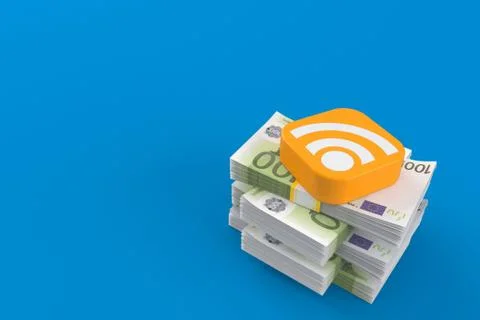 RSS icon on stack of money Stock Illustration
