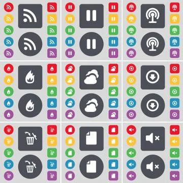 RSS, Pause, Wi-Fi, Fire, Cloud, Arrow down, Trash can, File, Mute icon symbol. A Stock-Illustration