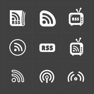 RSS sign icons. RSS feed symbols on Black Background. Stock Illustration