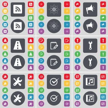 RSS, Star, Megaphone, Road, Notebook, Wrench, Tick, Music window icon symbol. A Stock Illustration