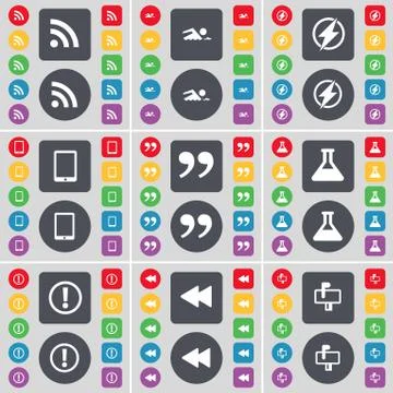 RSS, Swimmer, Flash, Tablet PC, Quotation mark, Flask, Exclamation mark, Rewind, Stock Illustration
