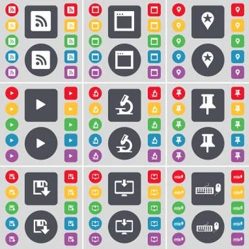 RSS, Window, Checkpoint, Media play, Microscope, Pin, Floppy, Monitor, Keyboard Stock Illustration
