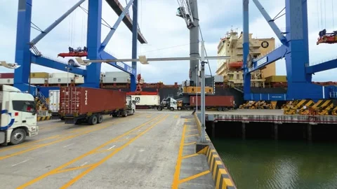 RTG Crane Lifts MSC Container from Truck to Load onto Cargo Ship in Guayaquil Stock Footage 343812332