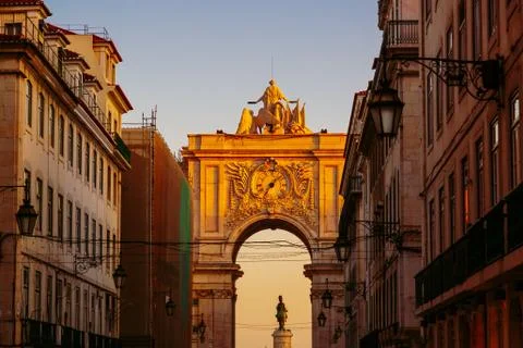 The Rua Augusta Arch seen from Rua Agusta street in city of Lisbon, Portugal Stock Photos