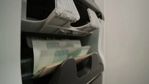 RUB currency on money counting machine. Automatic money counting in the machine Stock Footage 141114516