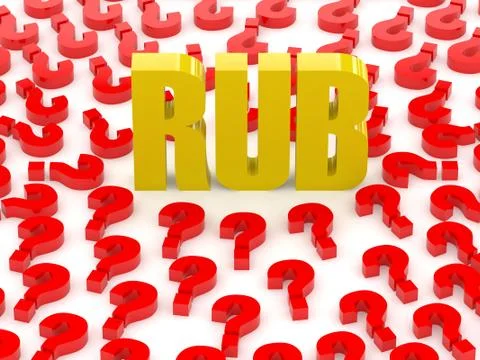 RUB sign surrounded by question marks. Concept 3D illustration. Stock Illustration
