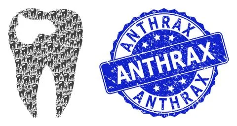 Rubber Anthrax Round Seal Stamp and Recursion Tooth Caries Icon Collage Stock Illustration
