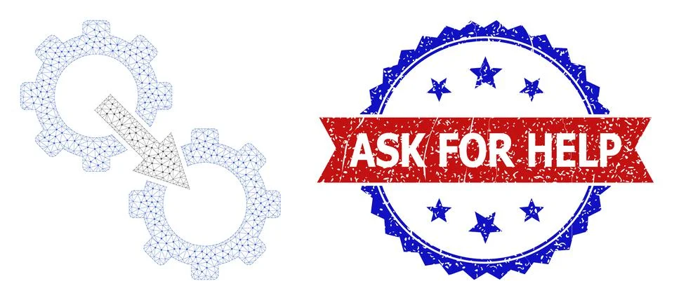 Rubber Ask for Help Round Rosette Bicolor Seal and Mesh Wireframe Gears Stock Illustration
