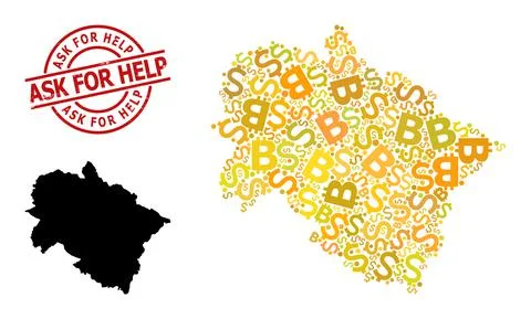 Rubber Ask for Help Seal with Dollar and BTC Gold Collage Map of Uttarakhand Stock Illustration
