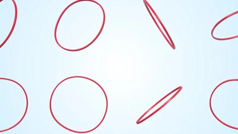 Rubber Bands Falling on a Light Blue Background. Red Color Rubber Bands 3D. 4K Stock Footage 300077266