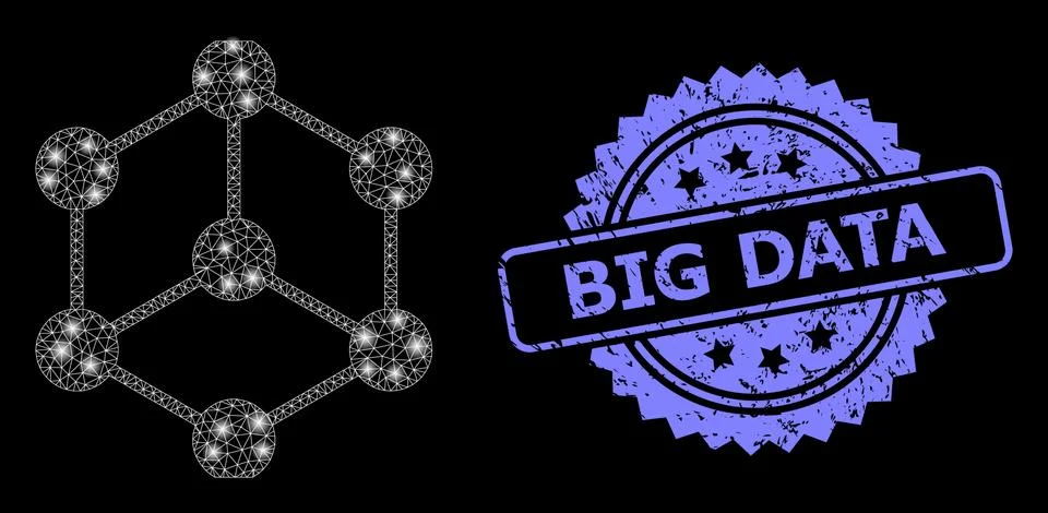 Rubber Big Data Stamp and Bright Web Mesh Isometric Cube with Light Spots 库存插图
